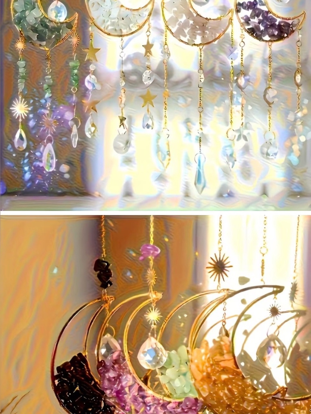 Crystal Moon and Star Hanging Suncatcher - Gold with Multicolor Accent Stones